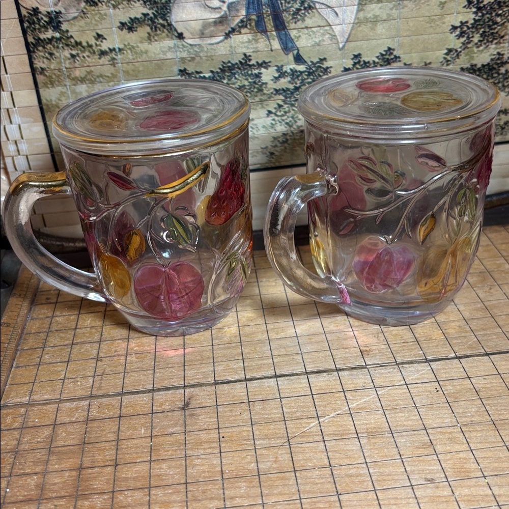 Vintage Pair Glass Mugs Lid Red Mixed Embossed Fruits Tea Coffee Juice Spirits